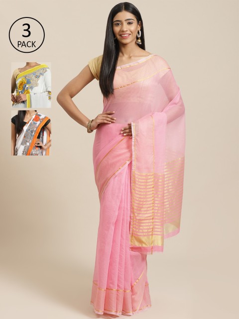

KALINI Pack Of 3 Printed Sarees, Pink
