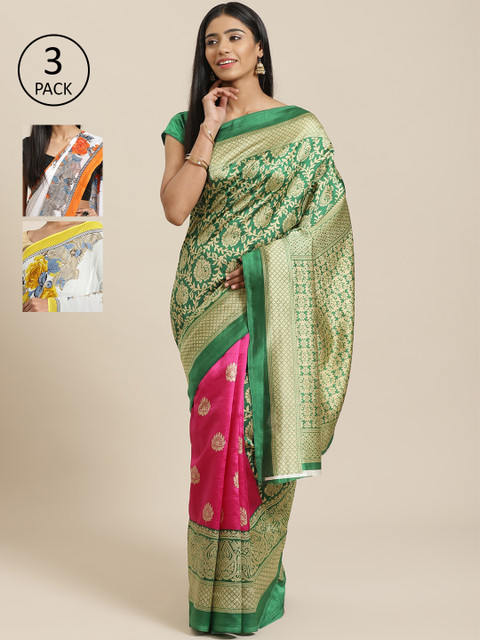 

KALINI Pack Of 3 Art Silk Sarees, Green