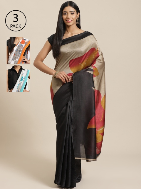 

KALINI Pack Of 3 Art Silk Sarees, Black