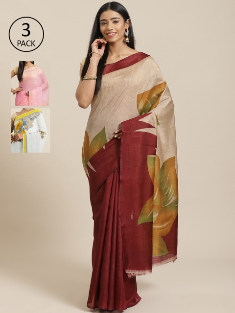 

KALINI Pack Of 3 Art Silk Sarees, Beige