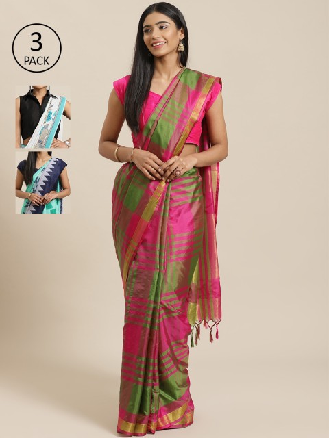 

KALINI Pack Of 3 Art Silk Sarees, Sea green