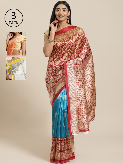 

KALINI Pack Of 3 Art Silk Sarees, Red