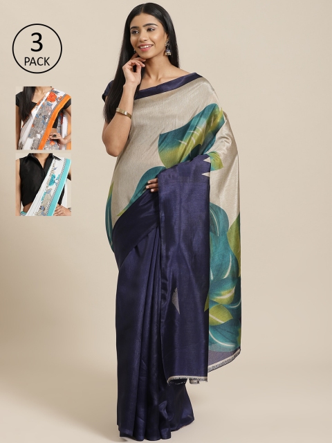

KALINI Pack Of 3 Art Silk Sarees, Navy blue
