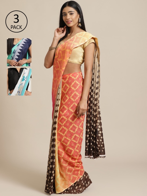 

KALINI Pack Of 3 Art Silk Sarees, Peach