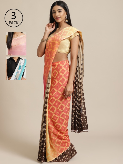 

KALINI Pack Of 3 Art Silk Sarees, Peach