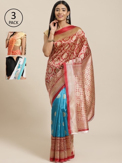 

KALINI Pack Of 3 Art Silk Sarees, Red