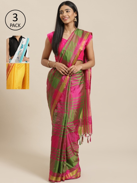 

KALANI Pack of 3 Checked sarees, Yellow