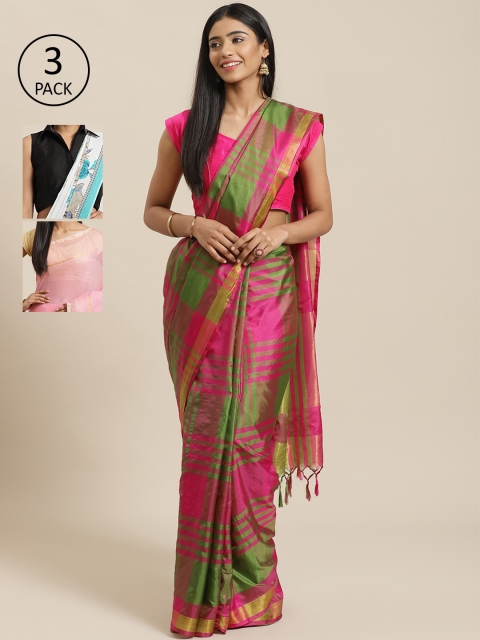 

KALANI Pack of 3 Checked sarees, Pink