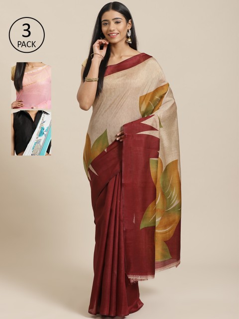 

KALANI Pack of 3 Printed sarees, Beige
