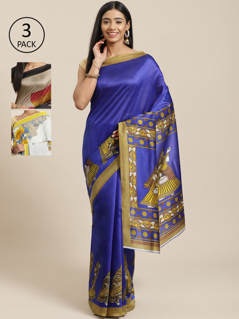 

KALANI Pack of 3 Printed sarees, Blue