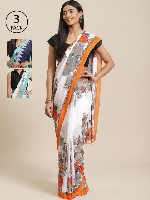

KALANI Pack of 3 Printed sarees, Sea green