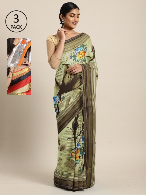 

KALANI Pack of 3 Printed sarees, Beige