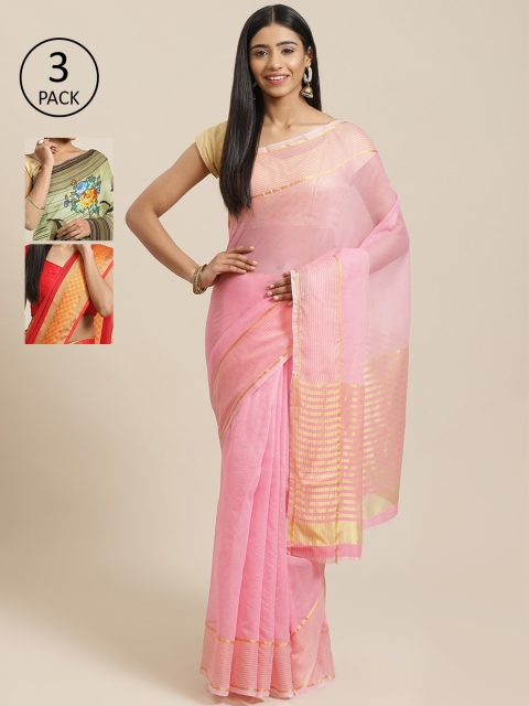 

KALANI Pack of 3 Printed sarees, Pink