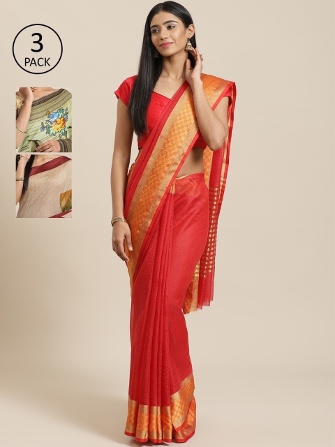 

KALANI Pack of 3 Printed sarees, Beige