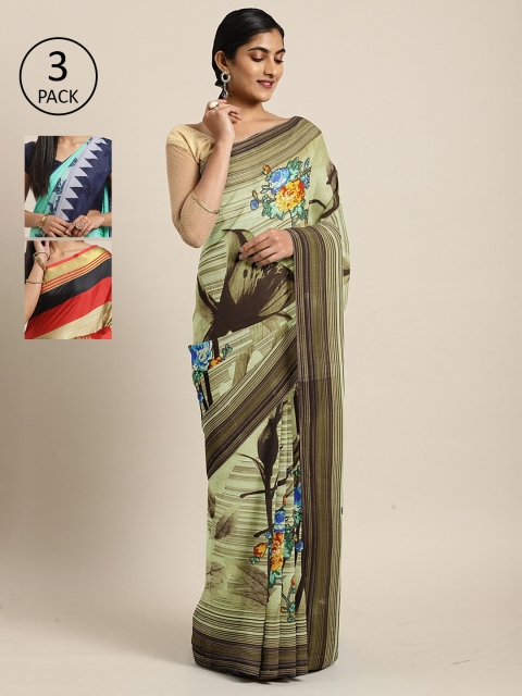 

KALANI Pack of 3 Printed sarees, Beige