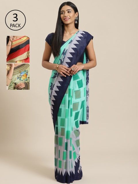 

KALANI Pack of 3 Printed sarees, Beige