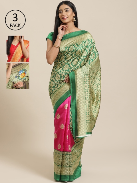 

KALINI Pack Of 3 Printed Sarees, Green