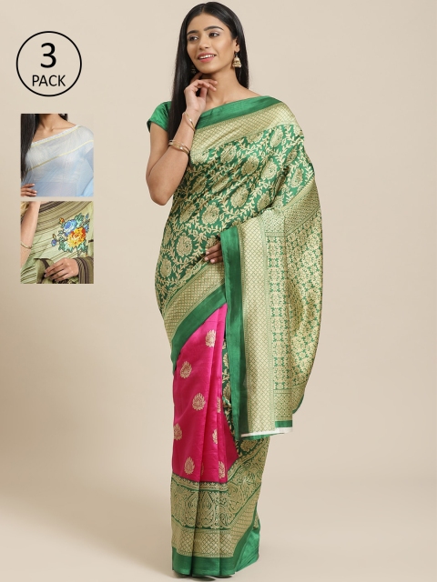 

KALINI Pack Of 3 Sarees, Green