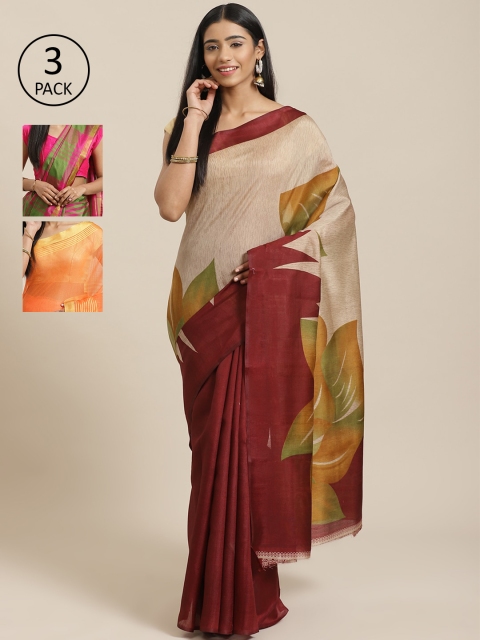 

KALINI Pack Of 3 Sarees, Beige