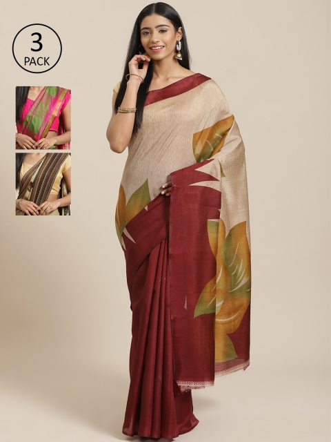 

KALINI Pack Of 3 Sarees, Beige