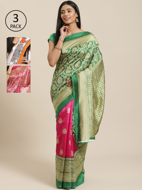 

KALINI Pack Of 3 Sarees, Green