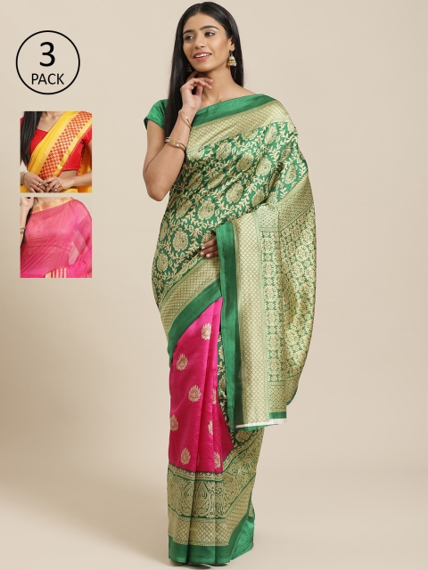

KALINI Pack Of 3 Sarees, Green