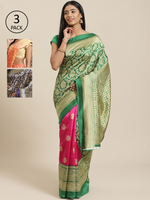 

KALINI Pack Of 3 Sarees, Green