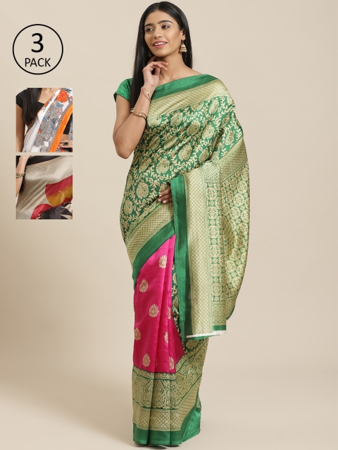

KALINI Pack Of 3 Sarees, Green