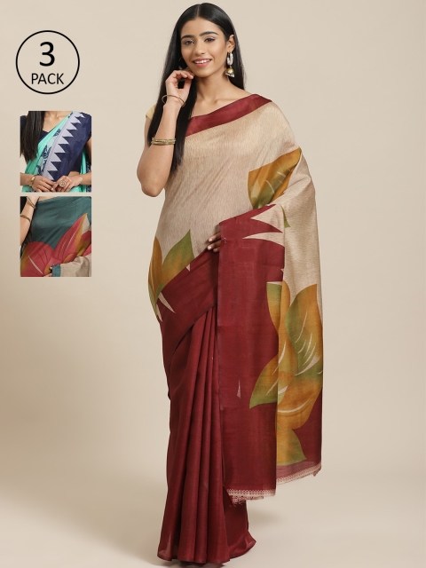 

KALINI Pack Of 3 Sarees, Beige