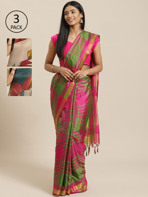 

KALINI Pack Of 3 Sarees, Beige