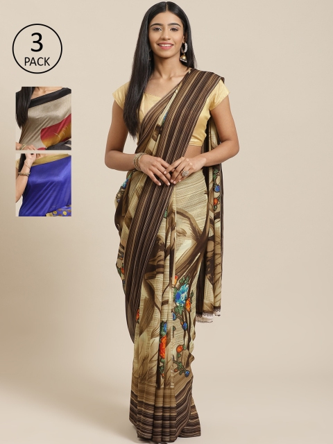 

KALANI Pack of 3 Printed sarees, Brown