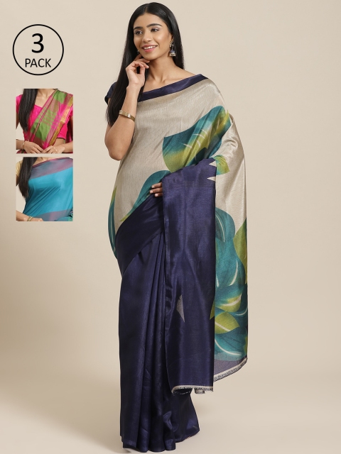 

KALANI Pack of 3 Printed sarees, Navy blue