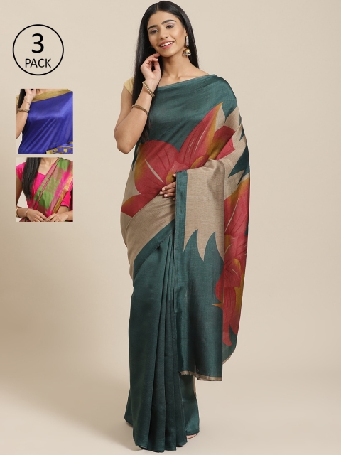 

KALANI Pack of 3 Printed sarees, Teal