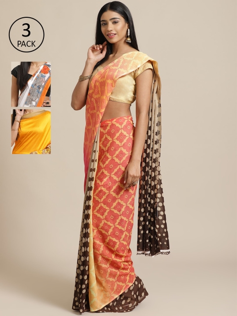 

KALANI Pack of 3 Printed sarees, Peach