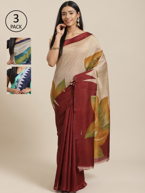 

KALANI Pack of 3 Printed sarees, Beige