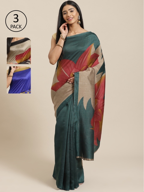 

KALANI Pack of 3 Printed sarees, Teal