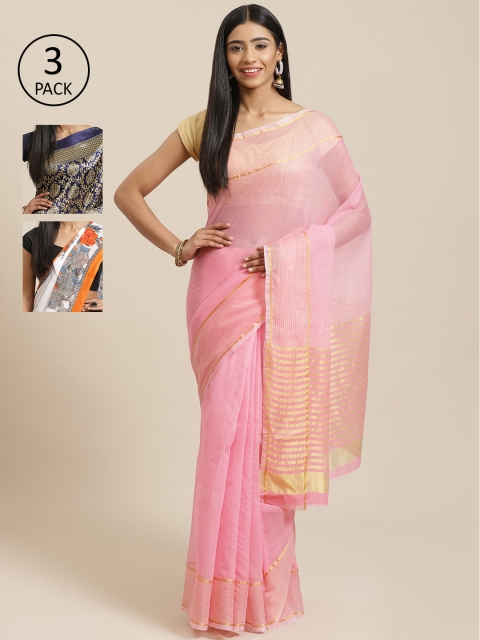 

KALANI Pack of 3 Printed sarees, Pink