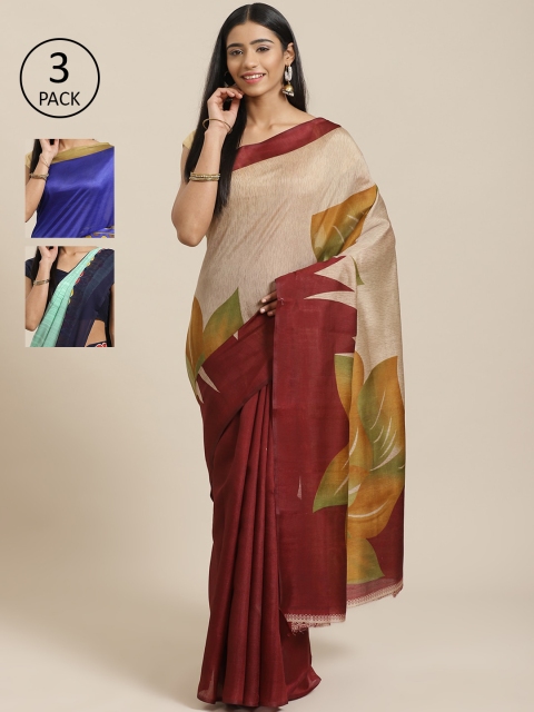

KALANI Pack of 3 Printed sarees, Beige