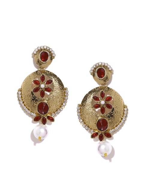 

Fida Gold-Toned & Maroon Stone-Studded Drop Earrings
