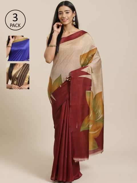 

KALANI Pack of 3 Printed sarees, Beige