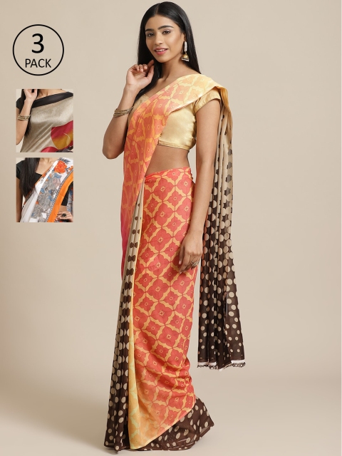 

KALANI Pack of 3 Printed sarees, Peach