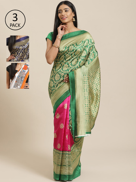 

KALINI Pack Of 3 Sarees, Green