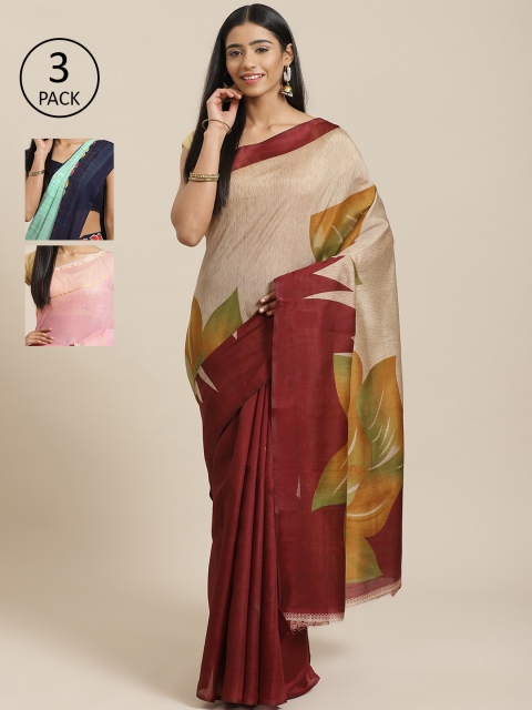 

KALINI Pack Of 3 Sarees, Beige