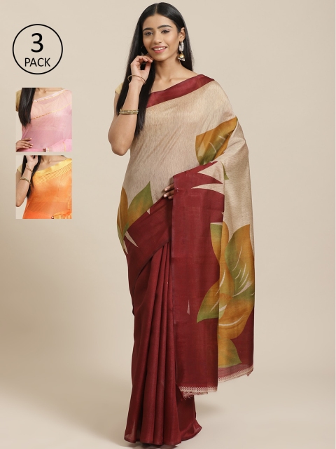 

KALINI Pack Of 3 Sarees, Beige