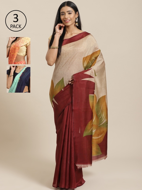 

KALINI Pack Of 3 Sarees, Beige