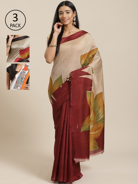 

KALINI Pack Of 3 Sarees, Beige