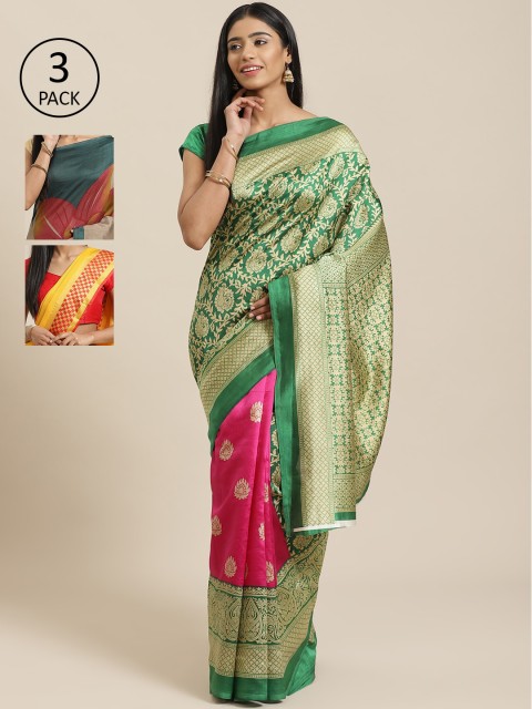

KALINI Pack Of 3 Sarees, Green
