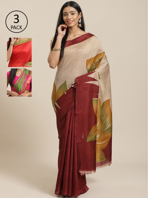 

KALINI Pack Of 3 Sarees, Beige