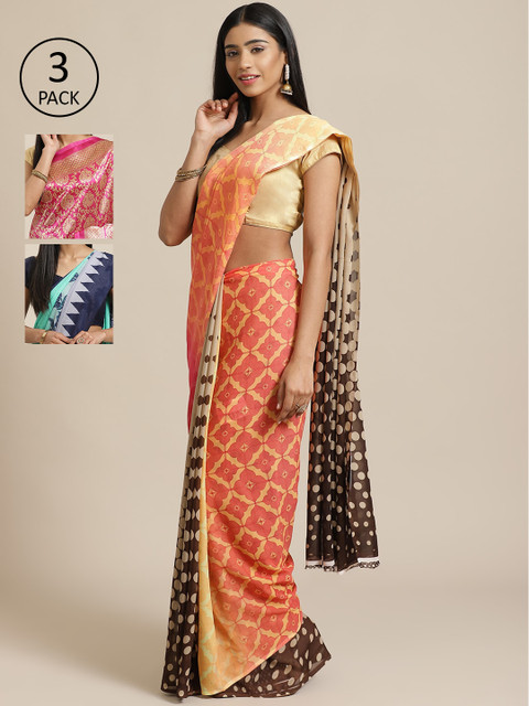 

KALINI Pack Of 3 Printed Saree, Peach