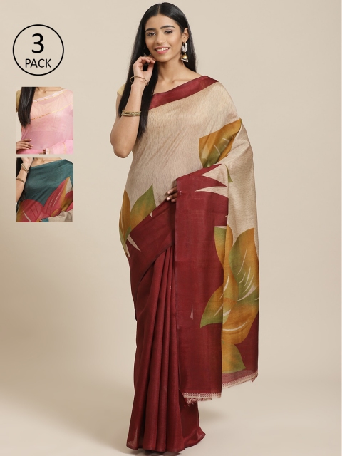 

KALINI Pack Of 3 Sarees, Beige